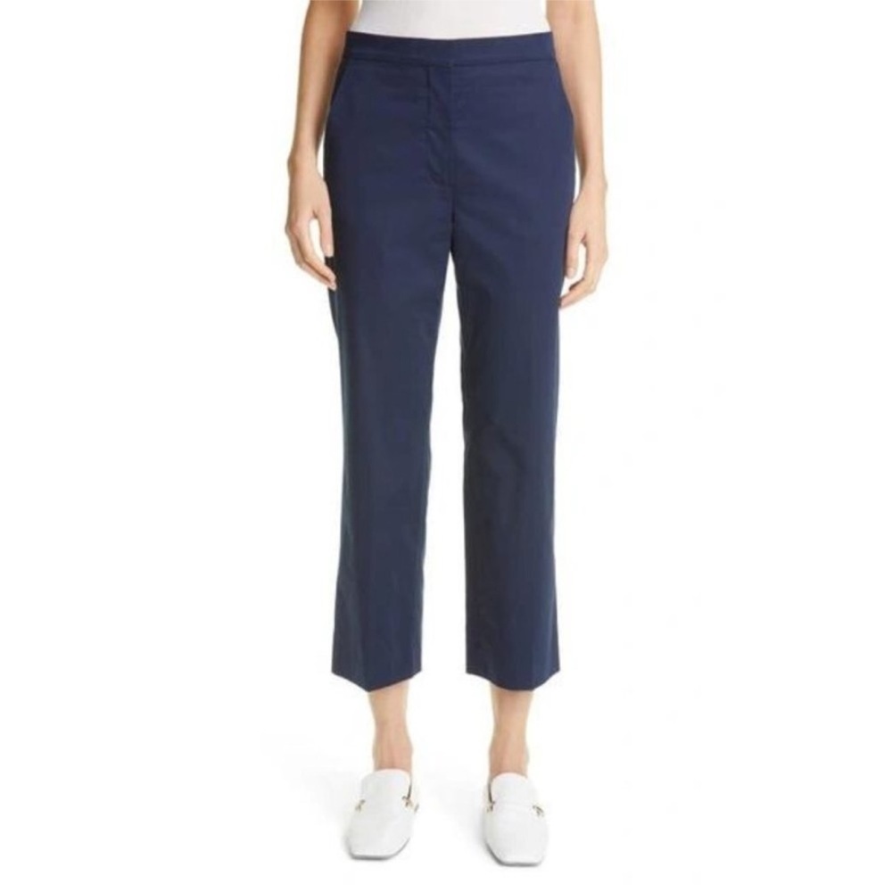 ST. JOHN sz 10 Navy Blue Stretch Cotton Silk Blend Sateen Crop Pants Trousers